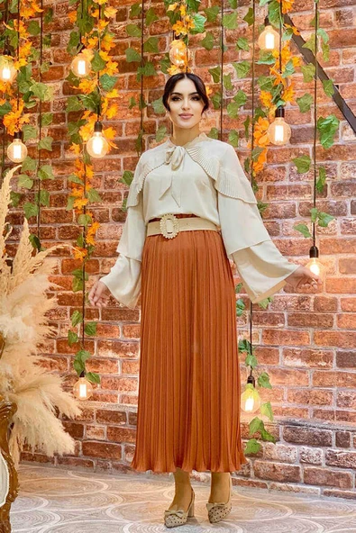 Omuz Fırfır Görünümlü Yaka Bağlamalı Katlı Kol Detay Bluz 5263 Taş - Resim 3