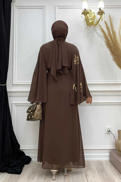 Yarasakol Tek Kol Baskılı Şifon Astarlı Abiye Elbise 3539 Kahverengi - Resim 3