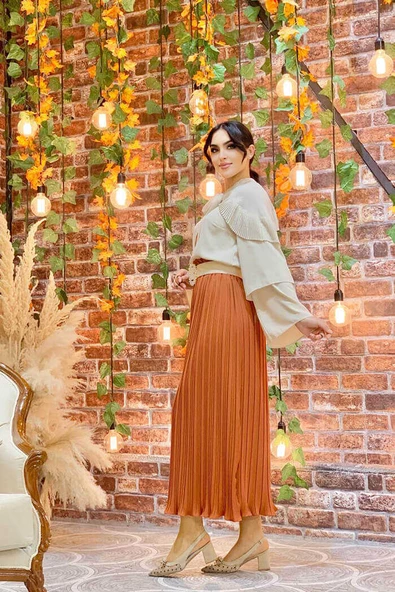 Omuz Fırfır Görünümlü Yaka Bağlamalı Katlı Kol Detay Bluz 5263 Taş - Resim 2