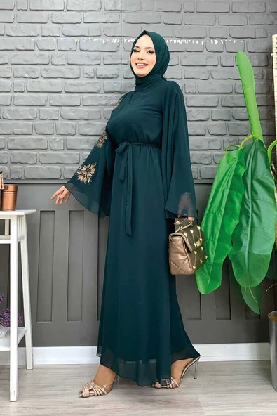 Yarasakol Tek Kol Baskılı Şifon Astarlı Abiye Elbise 3539 Zümrüt - Resim 2