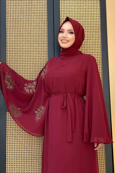Yarasakol Tek Kol Baskılı Şifon Astarlı Abiye Elbise 3539 Bordo - 7
