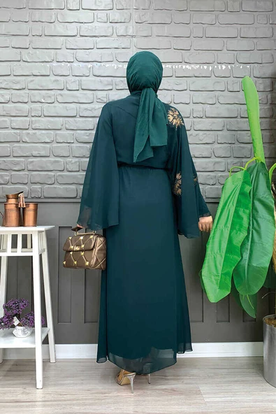 Yarasakol Tek Kol Baskılı Şifon Astarlı Abiye Elbise 3539 Zümrüt - Resim 5