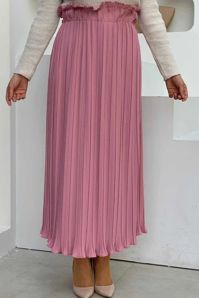 Kalın Lastikli Piliseli Düz Etek 1143 Pudra - Resim 3