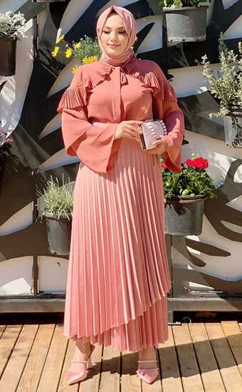 Omuz Fırfır Görünümlü Yaka Bağlamalı Katlı Kol Detay Bluz 5263 Gül Kurusu - Resim 3