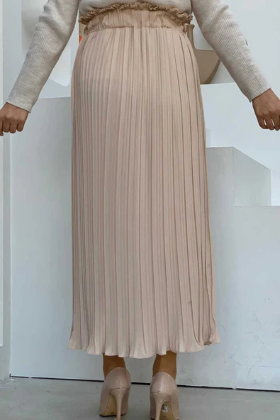 Kalın Lastikli Piliseli Düz Etek 1143 Taş - Resim 4