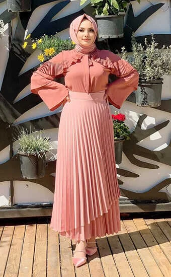 Omuz Fırfır Görünümlü Yaka Bağlamalı Katlı Kol Detay Bluz 5263 Gül Kurusu - Resim 2