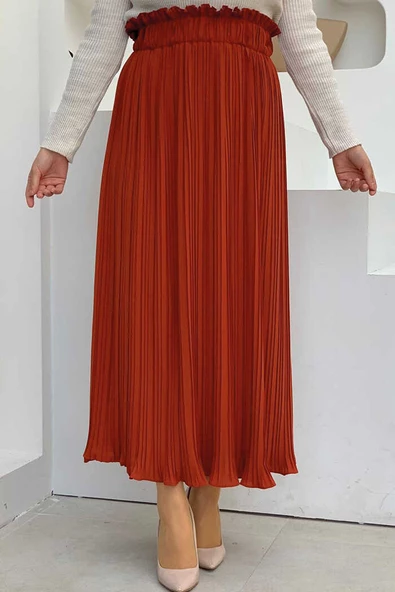 Kalın Lastikli Piliseli Düz Etek 1143 Kiremit ürün görseli 1