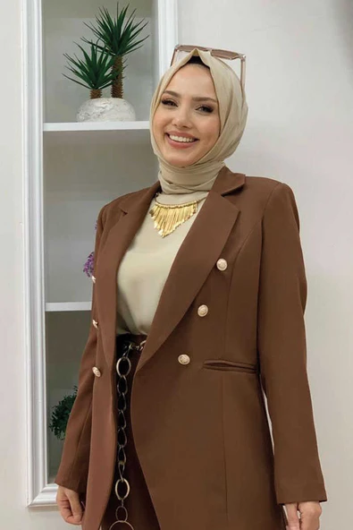 Düğme Detay Blazer Ceket Bol Pantolon Takım 8302 Kahverengi - Resim 4