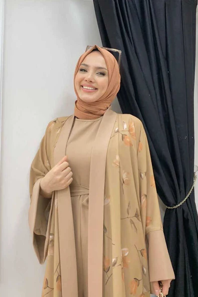 Desenli Abaya Düz Cep Detay Kuşaklı Sıfır Kol Tulum Takım 8312 Taba - Resim 8