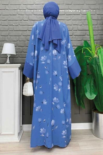 Desenli Abaya Düz Cep Detay Kuşaklı Sıfır Kol Tulum Takım 8312 İndigo - Resim 7