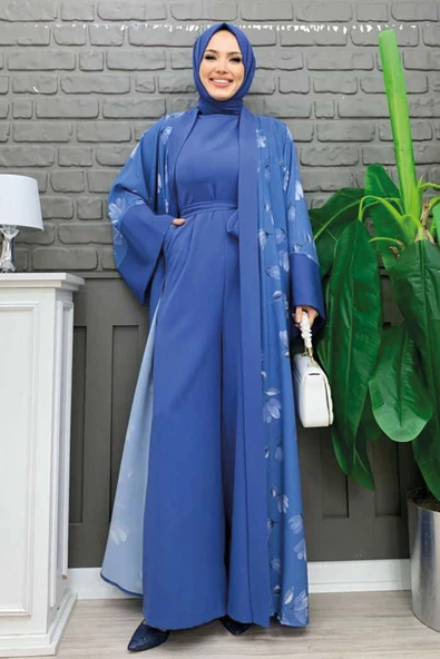 Desenli Abaya Düz Cep Detay Kuşaklı Sıfır Kol Tulum Takım 8312 İndigo - Resim 2