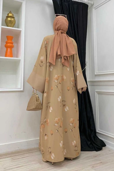 Desenli Abaya Düz Cep Detay Kuşaklı Sıfır Kol Tulum Takım 8312 Taba - Resim 7