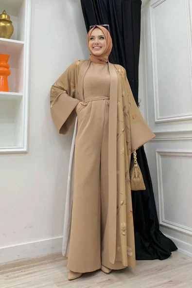 Desenli Abaya Düz Cep Detay Kuşaklı Sıfır Kol Tulum Takım 8312 Taba - Resim 2