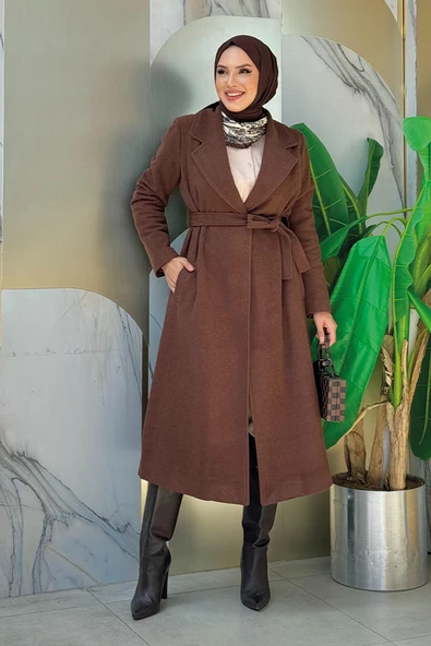 Bel Kuşaklı Astarlı Kaşe Kaban 7519 Kahverengi