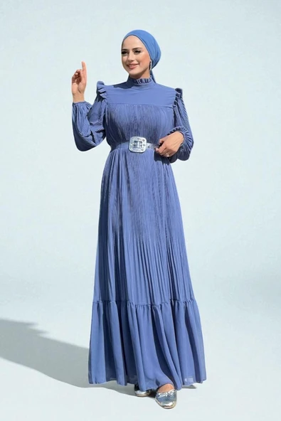 Piliseli Fırfır Görünümlü Bel Kuşaklı Şifon Elbise 3628 İndigo