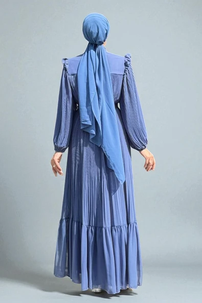 Piliseli Fırfır Görünümlü Bel Kuşaklı Şifon Elbise 3628 İndigo - 2