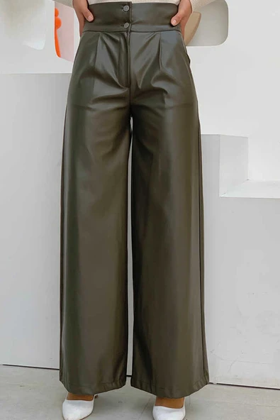 Fermuarlı Düğme Detaylı Deri Cepli Pantolon 0253 Haki - 3