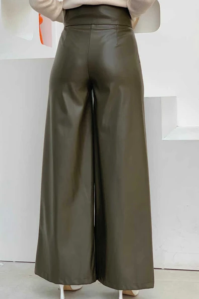 Fermuarlı Düğme Detaylı Deri Cepli Pantolon 0253 Haki - 4