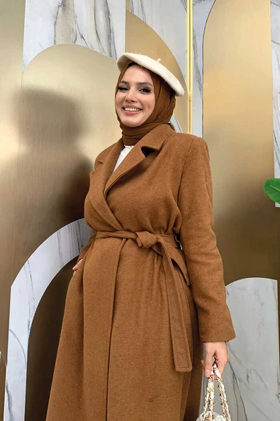 Bel Kuşaklı Astarlı Kaşe Kaban 7519 Taba - 8
