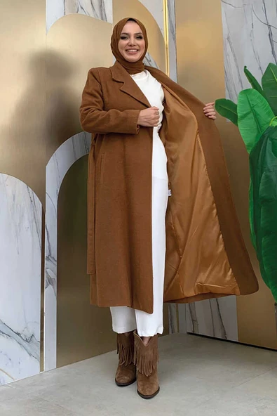 Bel Kuşaklı Astarlı Kaşe Kaban 7519 Taba - 6