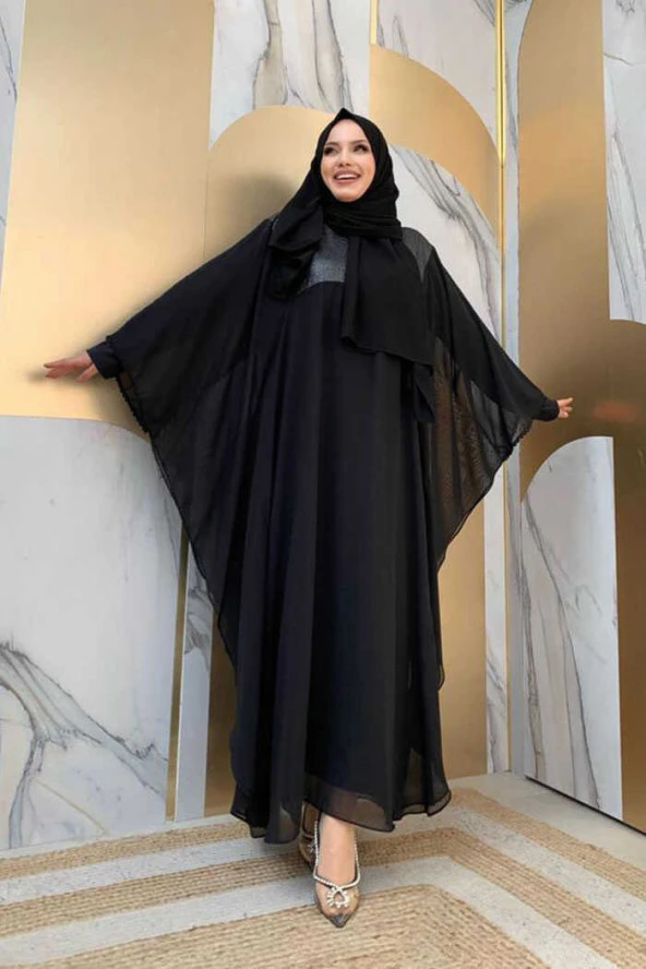 Simli Yarasakol Detay Şifon Pelerinli Elbise Takım 8350 Siyah