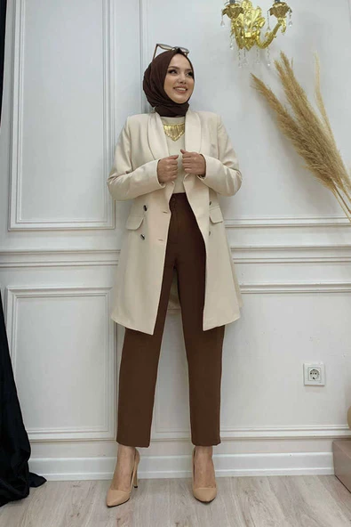 Cep Görünümlü Ön Düğme Detay Astarlı Ceket 7660 Taş - Resim 5