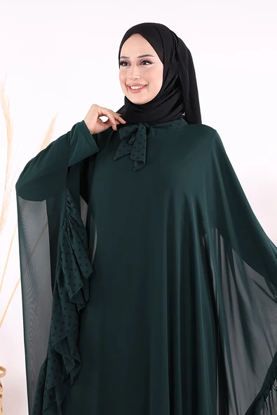 Benekli Yaka Detay Şifon Pelerinli Elbise Takım 3643 Zümrüt - Resim 5