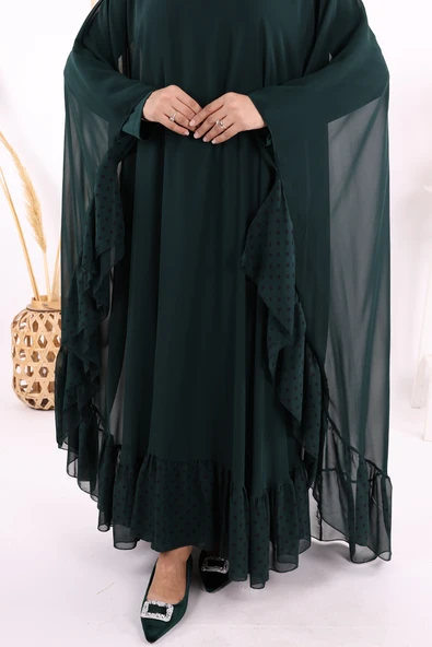 Benekli Yaka Detay Şifon Pelerinli Elbise Takım 3643 Zümrüt - Resim 6