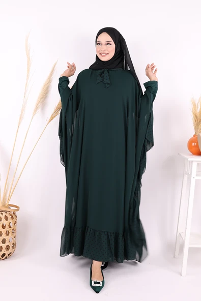Benekli Yaka Detay Şifon Pelerinli Elbise Takım 3643 Zümrüt - Resim 2