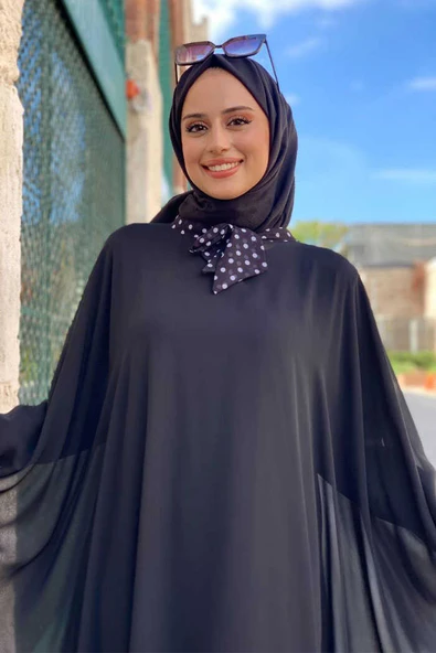 Benekli Yaka Detay Şifon Pelerinli Elbise Takım 3643 Siyah - Resim 4