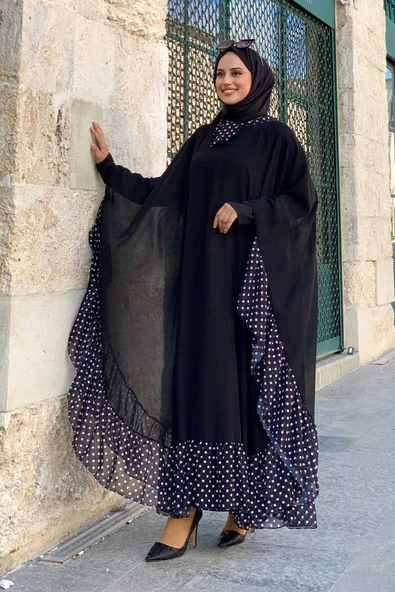 Benekli Yaka Detay Şifon Pelerinli Elbise Takım 3643 Siyah - Resim 2