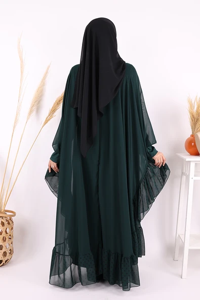 Benekli Yaka Detay Şifon Pelerinli Elbise Takım 3643 Zümrüt - Resim 4