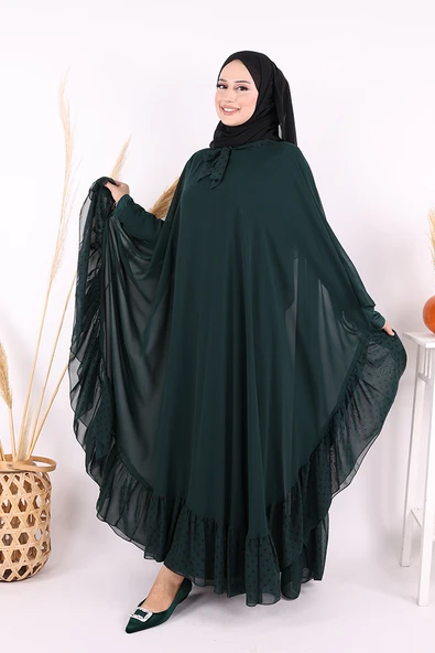 Benekli Yaka Detay Şifon Pelerinli Elbise Takım 3643 Zümrüt - Resim 3