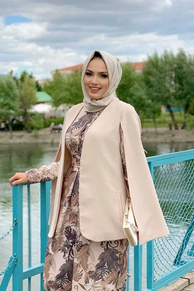 Pelerin Kol Görünümlü Düz Astarlı Ceket 7666 Taş - 5