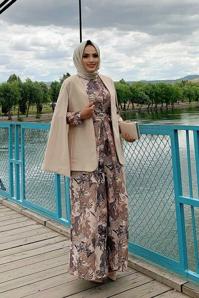 Pelerin Kol Görünümlü Düz Astarlı Ceket 7666 Taş - 2