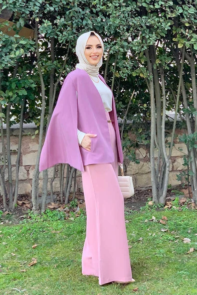 Pelerin Kol Görünümlü Düz Astarlı Ceket 7666 Gül Kurusu - 4