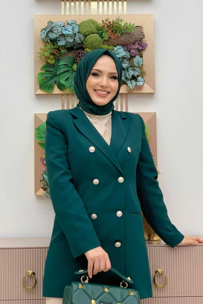 Düğme Görünümlü Astarlı Ceket 7665 Zümrüt - Resim 8