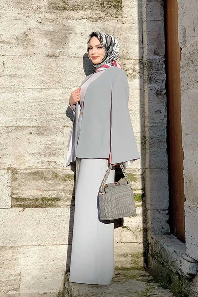 Pelerin Kol Görünümlü Düz Astarlı Ceket 7666 Gri - 4