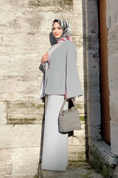 Pelerin Kol Görünümlü Düz Astarlı Ceket 7666 Gri - 3