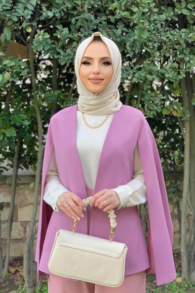 Pelerin Kol Görünümlü Düz Astarlı Ceket 7666 Gül Kurusu - 6