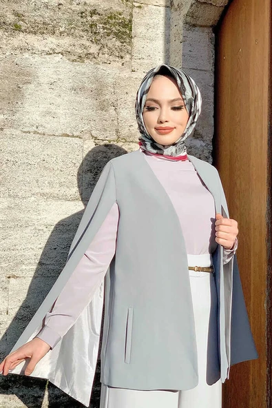 Pelerin Kol Görünümlü Düz Astarlı Ceket 7666 Gri - 6