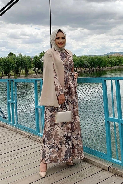 Pelerin Kol Görünümlü Düz Astarlı Ceket 7666 Taş - 3