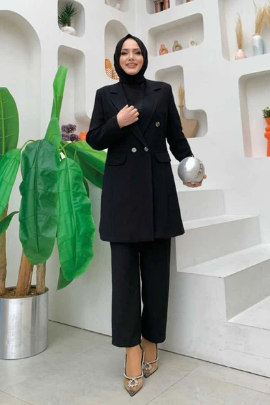 Düğme Detaylı Kısa Ceket Pantolon Takım 8352 Siyah ürün görseli