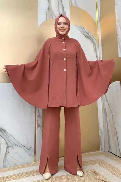 Pelerinli Düğme Detay Ceket ve Pantolon Takım 8354 Gül Kurusu ürün görseli