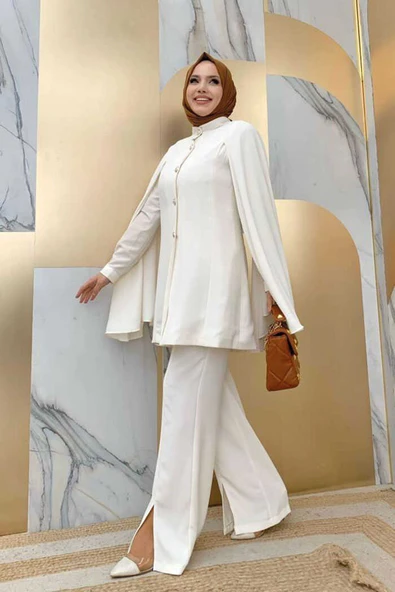 Pelerinli Düğme Detay Ceket ve Pantolon Takım 8354 Ekru - Resim 3