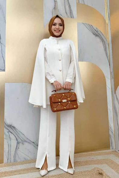 Pelerinli Düğme Detay Ceket ve Pantolon Takım 8354 Ekru - Resim 2