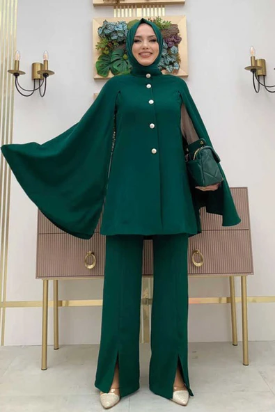 Pelerinli Düğme Detay Ceket ve Pantolon Takım 8354 Zümrüt