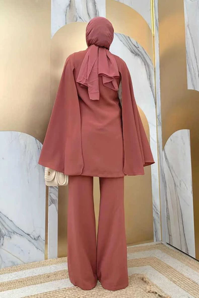Pelerinli Düğme Detay Ceket ve Pantolon Takım 8354 Gül Kurusu - Resim 3