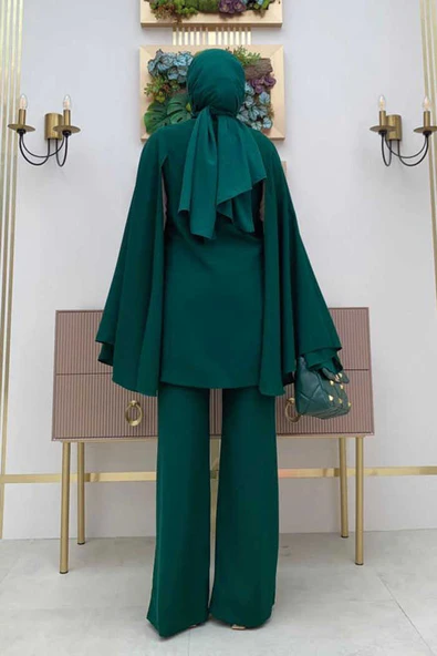 Pelerinli Düğme Detay Ceket ve Pantolon Takım 8354 Zümrüt - 7
