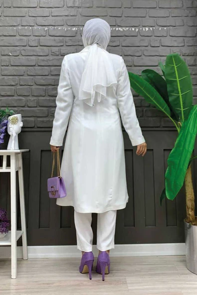 Cep ve Düğme Görünümlü Uzun Ceket Pantolon Takım 8357 Ekru - 7